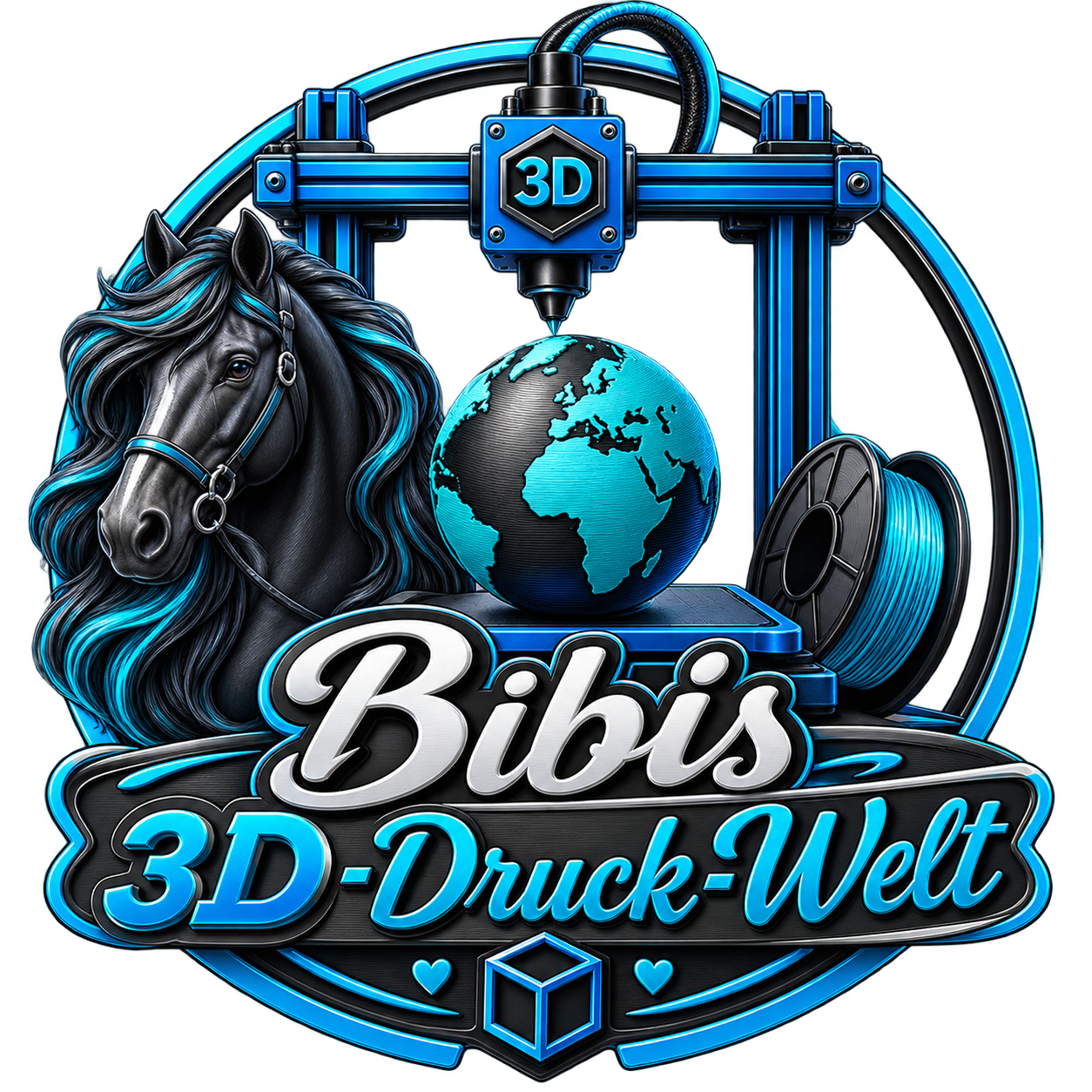 Logo mit 3D-Drucker, Pferd und Weltkugel